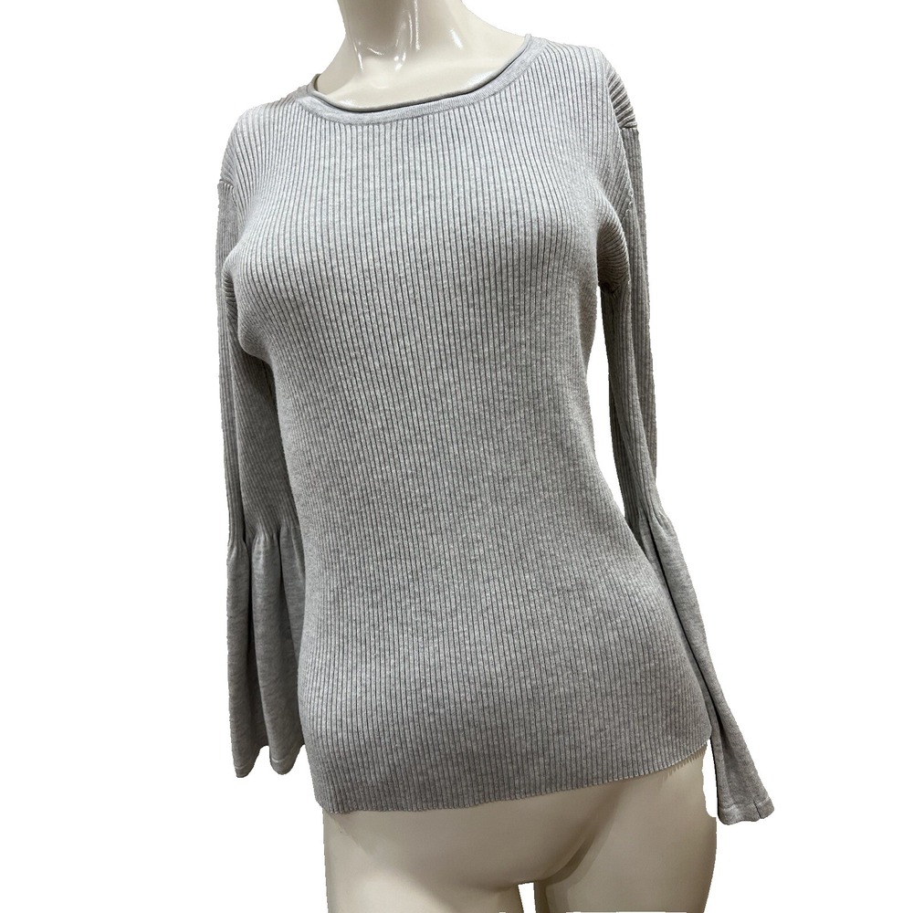 Cupio Gray Ruffle Bell Sleeve Rayon Blend Ribbed Sweater‎ Pullover Size M
